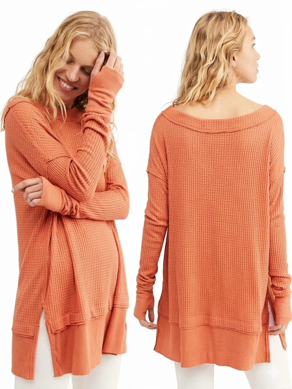 We The Free by Free People Off-the-Shoulder Waffle-Knit Tunic Top - coral orange